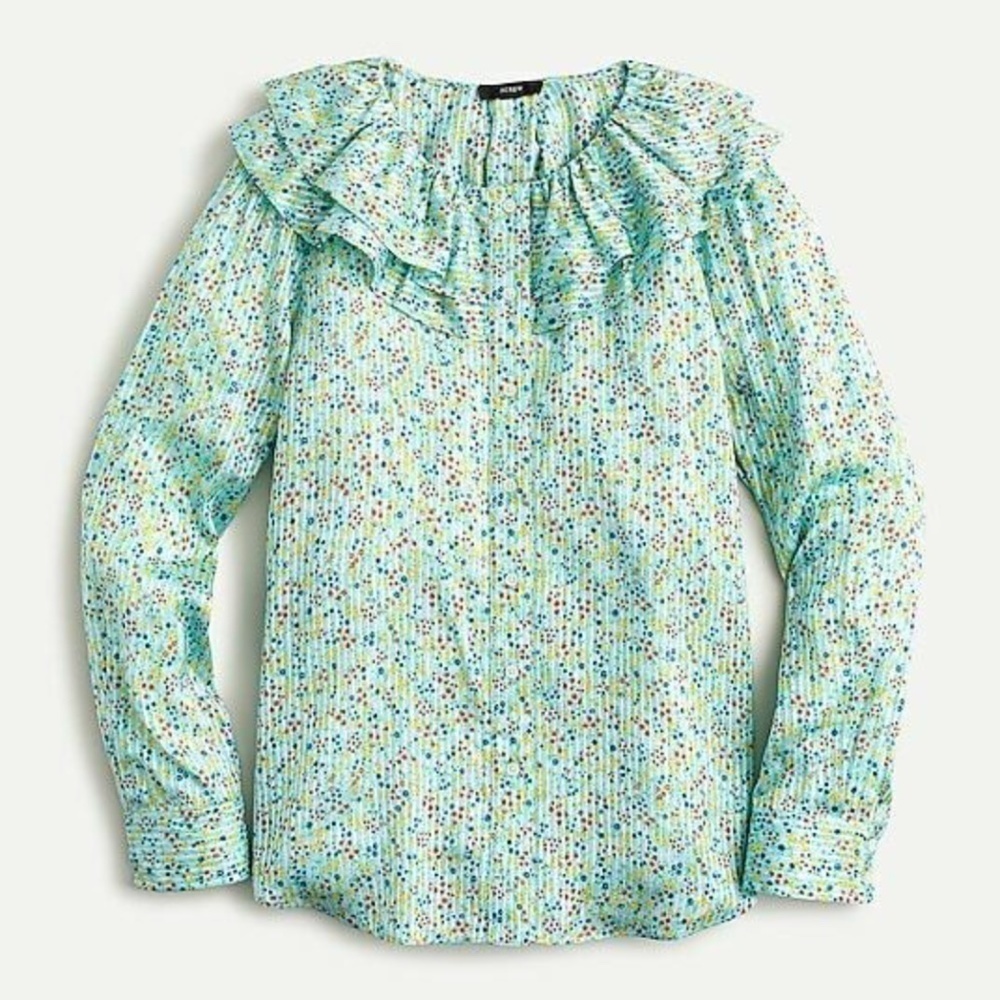 J. Crew Aqua Field-Day Floral Blouse with Ruffle